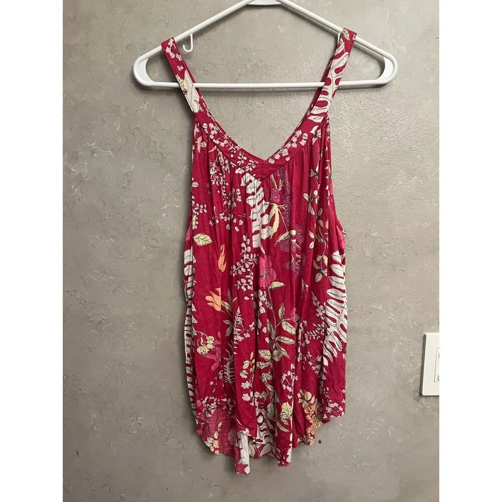 Free People Pink Floral Tank Top S P Small Petite Boho Viscose V-Neck Sleeveless
